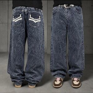 Twenty Two Oz Mens Acid Wash Wide Leg Baggy Denim Jeans Blue 40W 32L